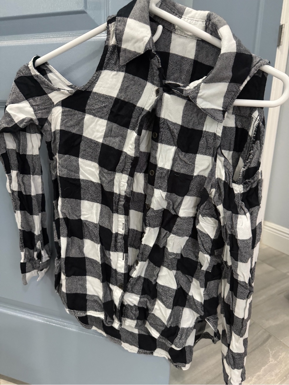 Self Esteem Black and White Buffalo Plaid Cold-Shoulder Button-Down